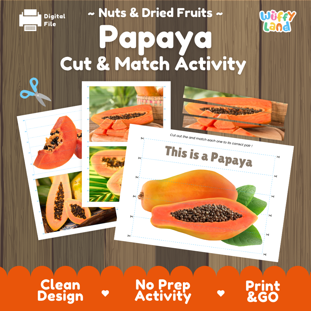 Papaya cut and match activity cover showing printable fine motor puzzle sheets and fruit photographs