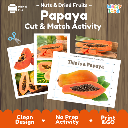 Papaya cut and match activity cover showing printable fine motor puzzle sheets and fruit photographs