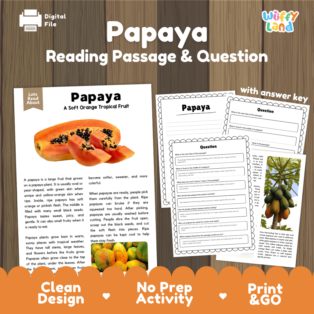 Papaya reading comprehension passage and questions printable activity pack with answer key for elementary students