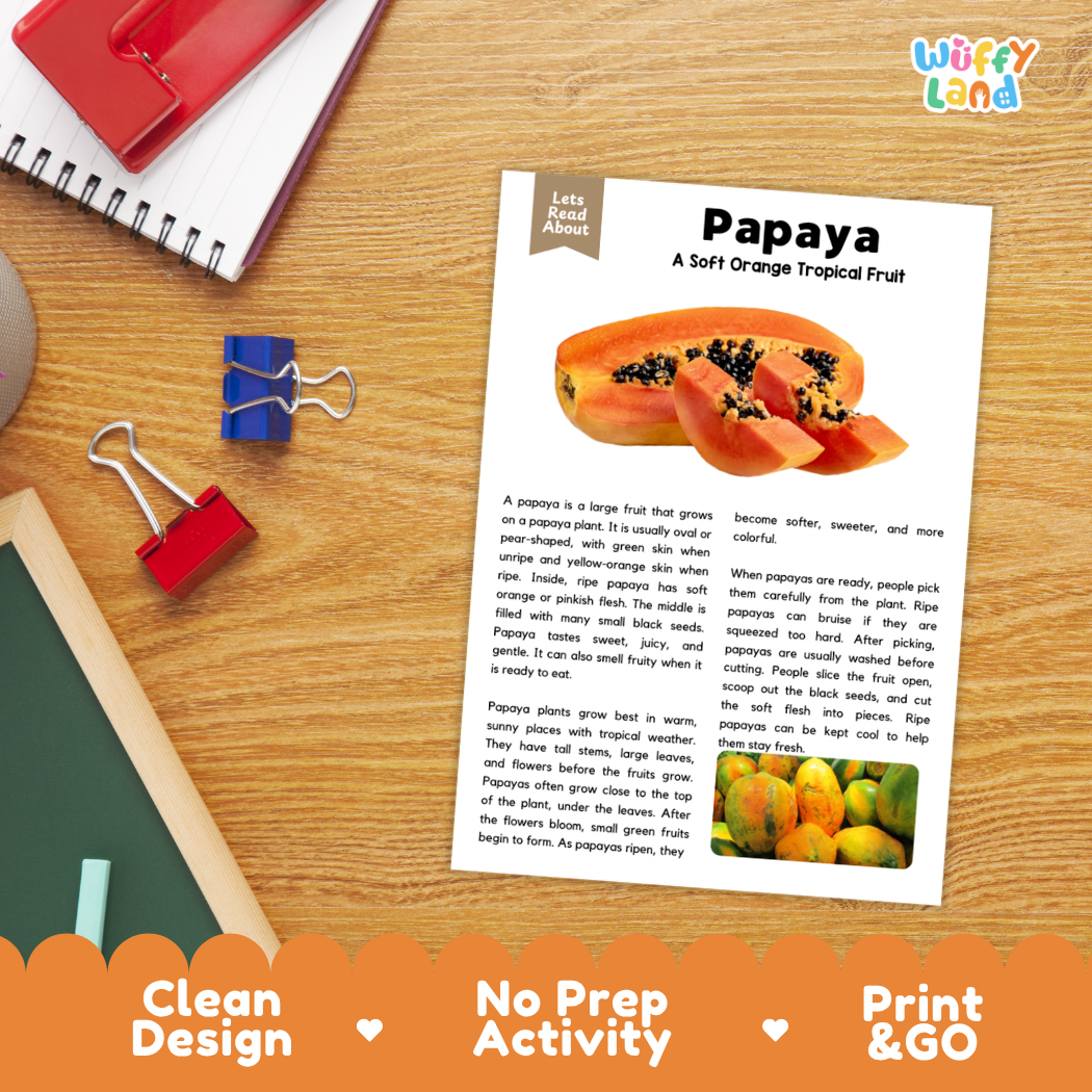 Student reading comprehension worksheet with short-answer questions and lined sections about the papaya fruit