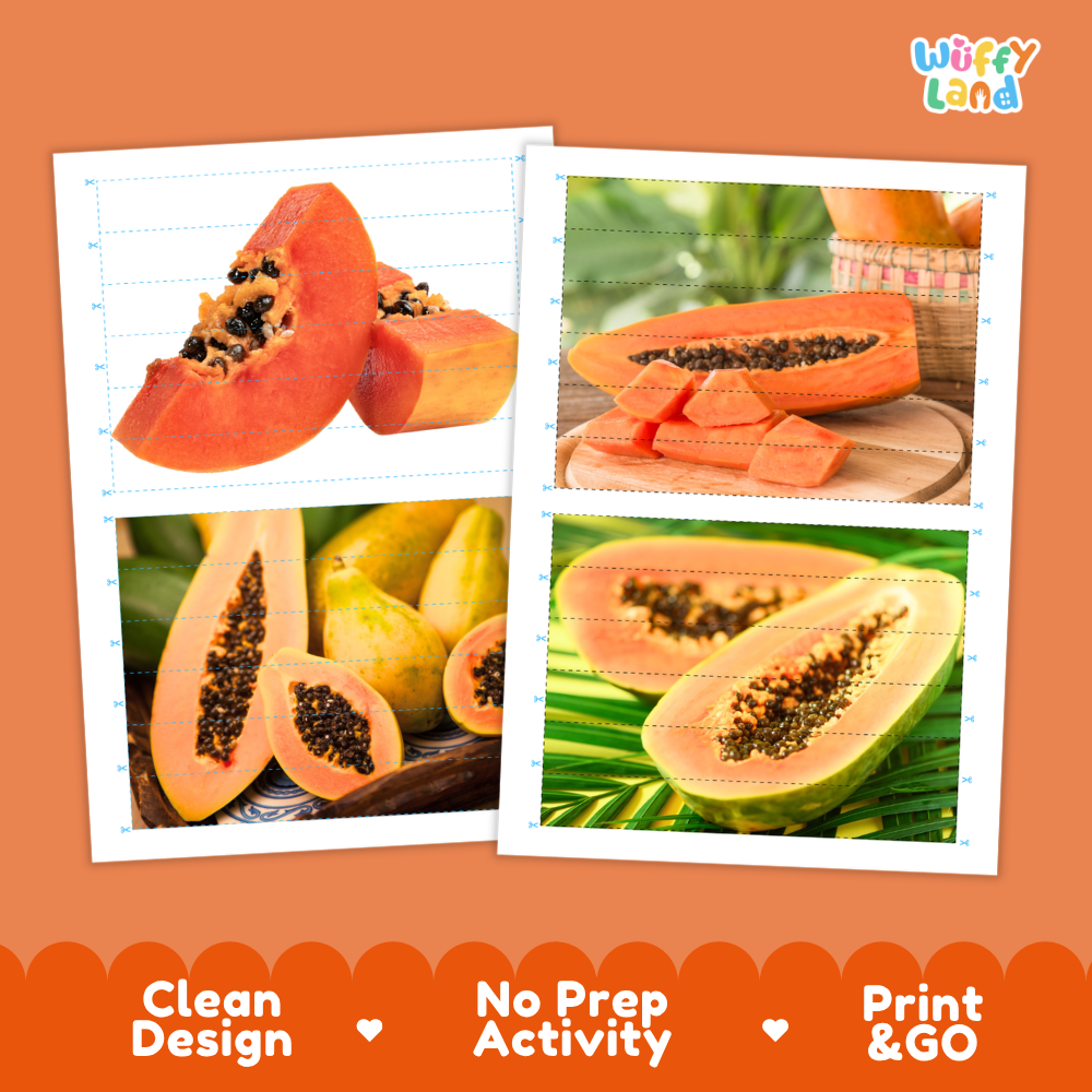 Printable activity sheets featuring photographic papaya puzzle boards and cutting guides
