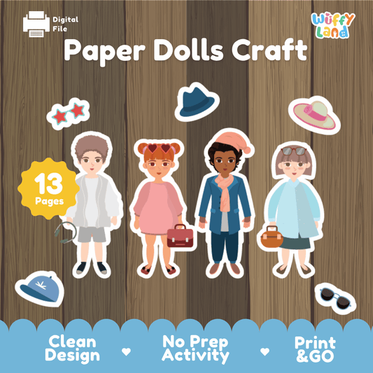 Paper dolls craft printable dress up pretend play activity pack overview from Wuffy Land featuring 13 pages and 4 characters 👗👦