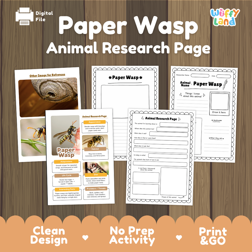 Digital preview of a 'Paper Wasp Animal Research Page' activity sheet set by Wiffy Land, displayed on a wood-grain background with promotional text at the bottom.