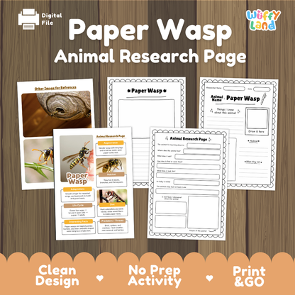 Digital preview of a 'Paper Wasp Animal Research Page' activity sheet set by Wiffy Land, displayed on a wood-grain background with promotional text at the bottom.