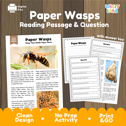 Paper Wasps Reading Passage and Comprehension Questions Worksheets