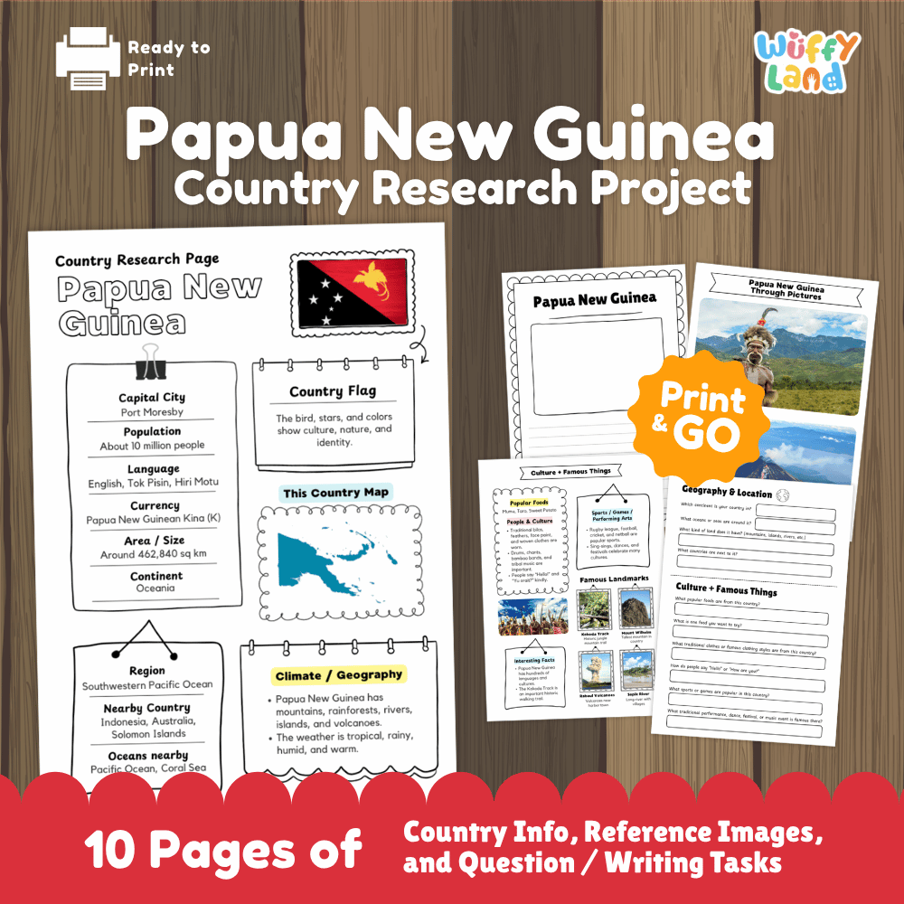 Papua New Guinea Country Research Project Worksheets and Activity Pages