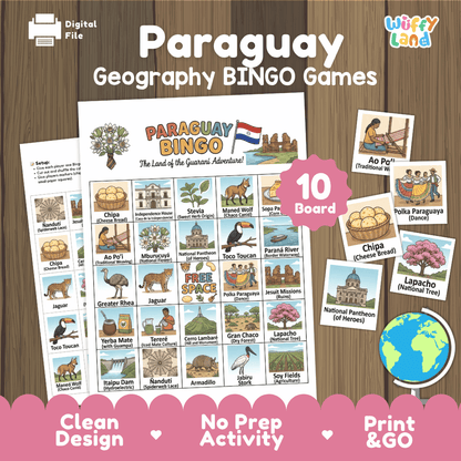 Paraguay Geography BINGO Game South American Country Study Activity Printable Boards
