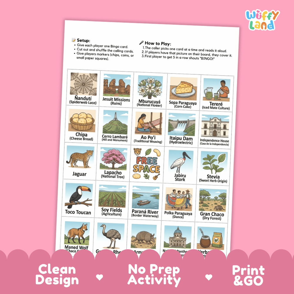 Paraguay Geography BINGO Game South American Country Study Activity Printable Boards