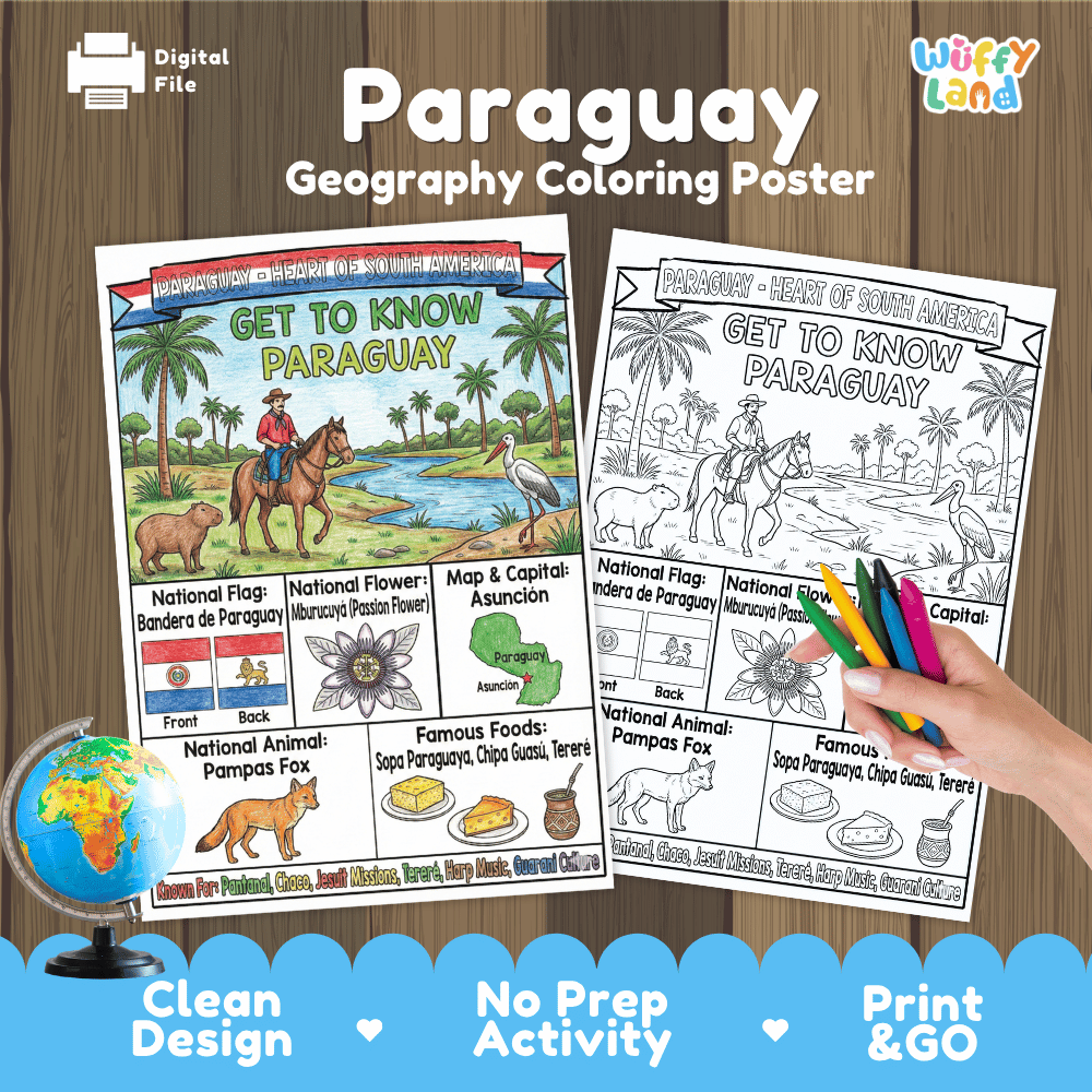 Paraguay Geography Coloring Poster and Fact Sheet Printables
