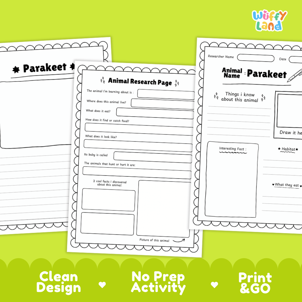Parakeet Animal Research Page Worksheets and Fact Sheet Activity