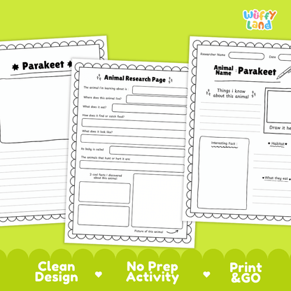 Parakeet Animal Research Page Worksheets and Fact Sheet Activity