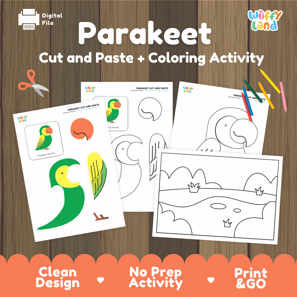 Parakeet Cut and Paste Craft and Coloring Activity Worksheets