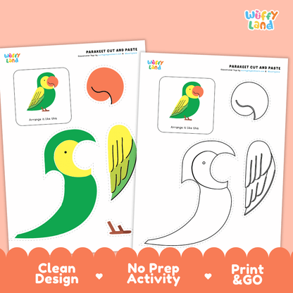 Parakeet Cut and Paste Craft and Coloring Activity Worksheets