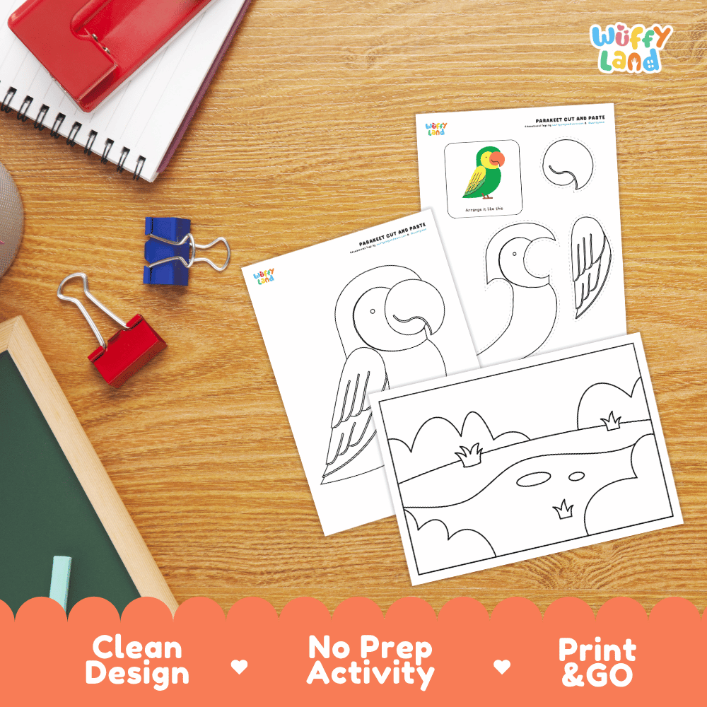 Parakeet Cut and Paste Craft and Coloring Activity Worksheets