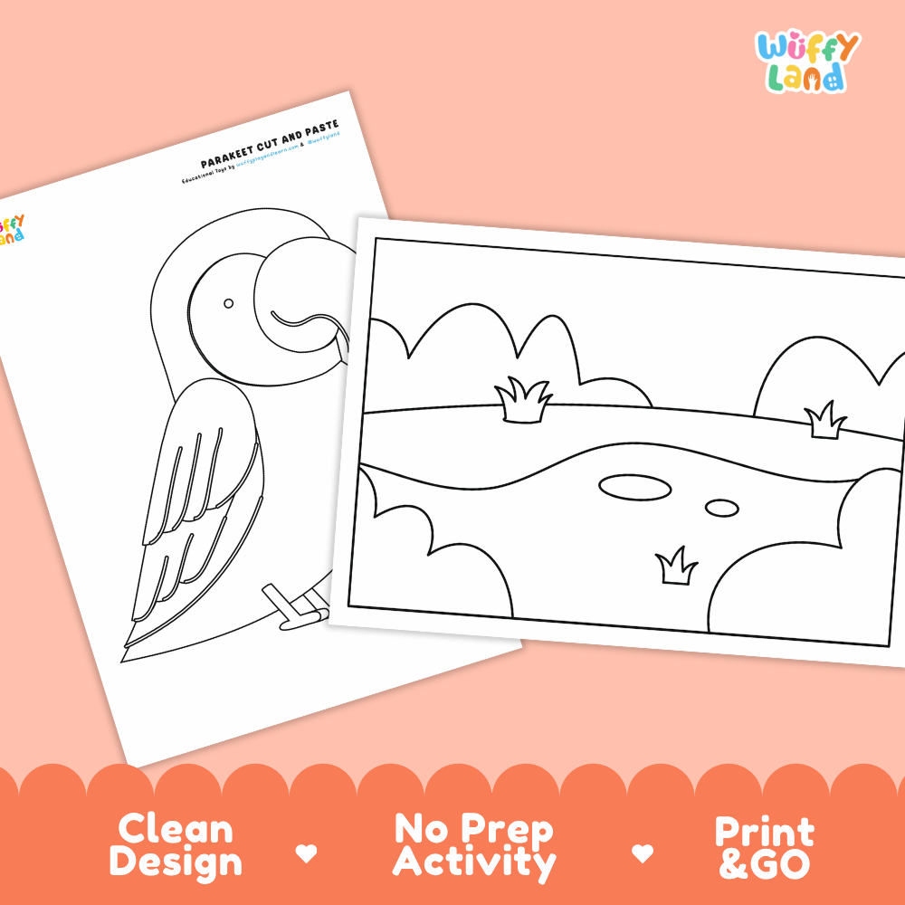 Parakeet Cut and Paste Craft and Coloring Activity Worksheets