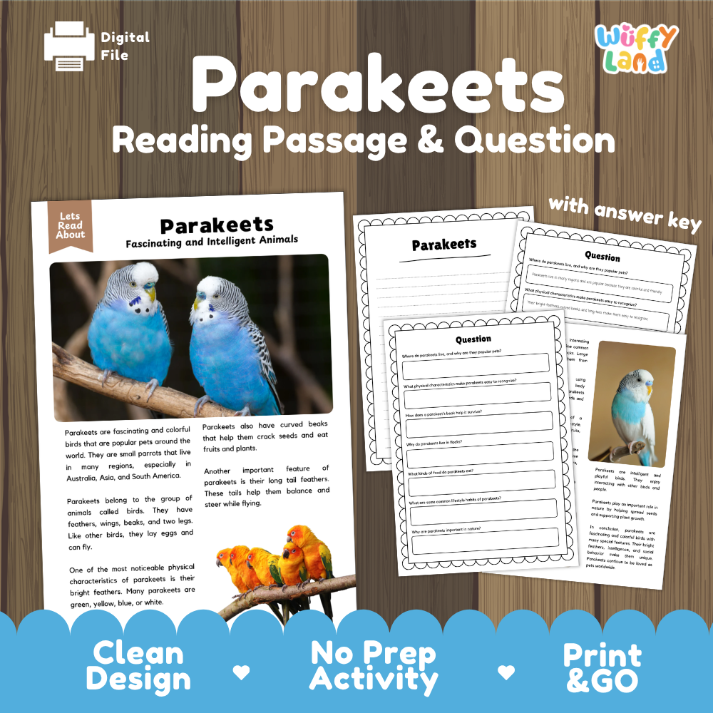 Parakeets Reading Passage and Comprehension Questions Worksheets with Answer Key