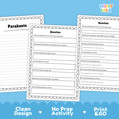 Parakeets Reading Passage and Comprehension Questions Worksheets with Answer Key