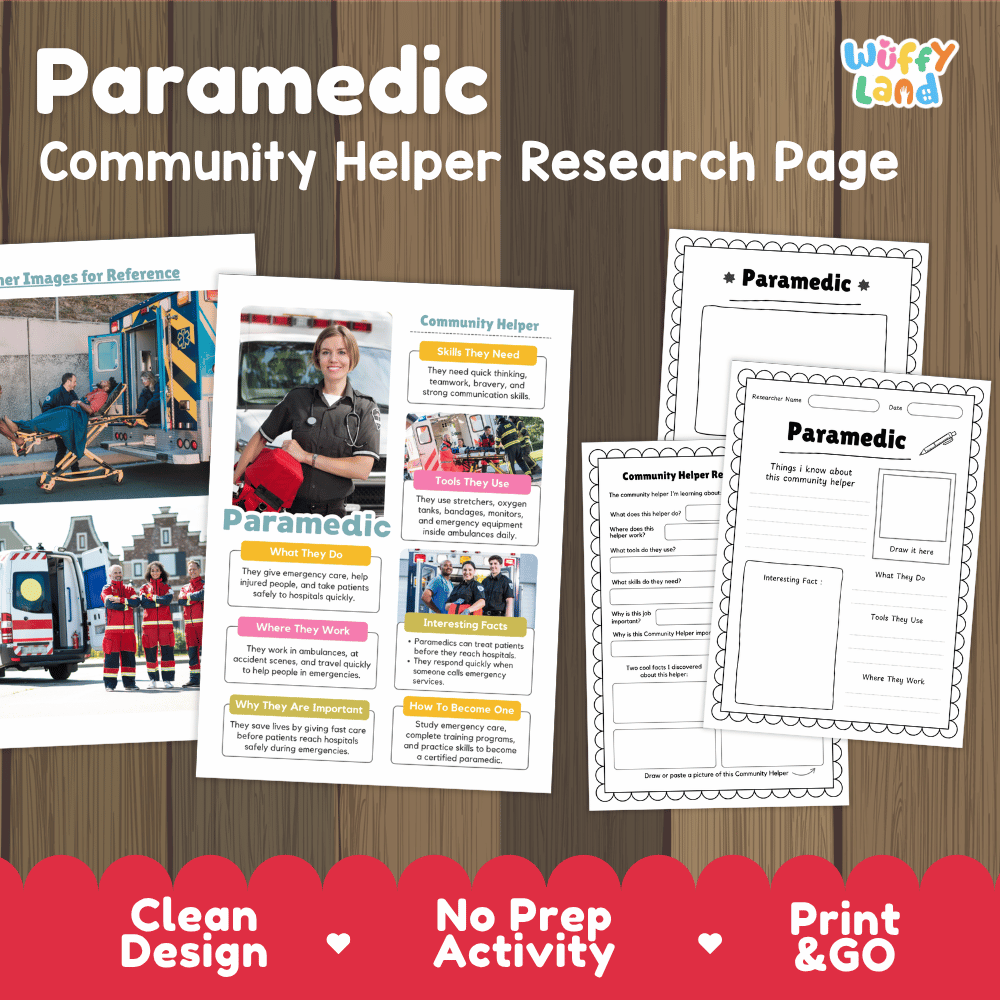 Paramedic community helper research page writing worksheets pack featuring real photos and student activity pages for elementary social studies