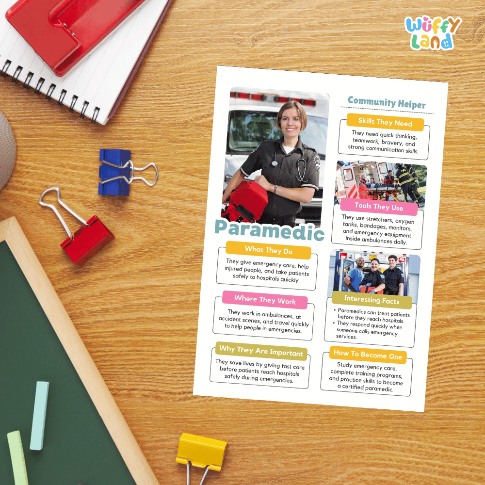 Guided student writing worksheets with lined sections for recording facts and a dedicated box for drawing or pasting a picture of a paramedic