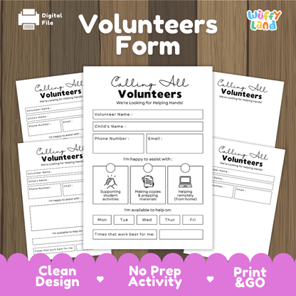 Parent Volunteers Form Back to School Classroom Helpers Printable Sheet
