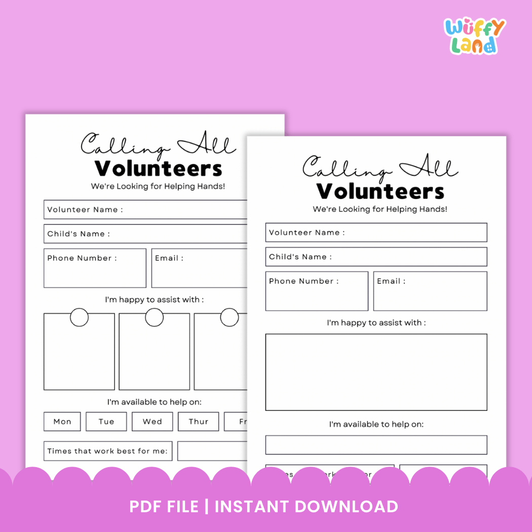 Parent Volunteers Form Back to School Classroom Helpers Printable Sheet