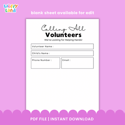 Parent Volunteers Form Back to School Classroom Helpers Printable Sheet