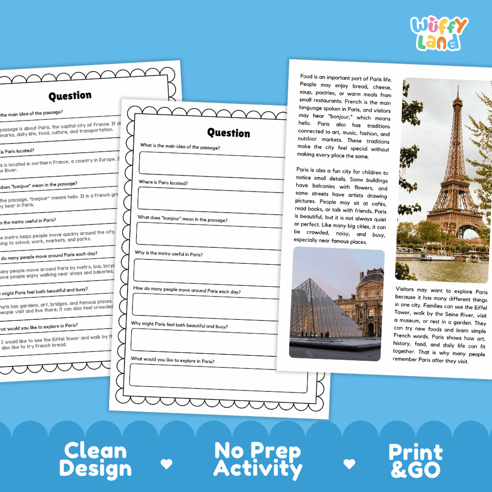 Student reading passage titled A City of Art detailing Paris France Eiffel Tower Louvre Museum Seine River metro transit and city photography