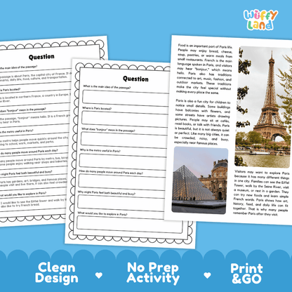 Student reading passage titled A City of Art detailing Paris France Eiffel Tower Louvre Museum Seine River metro transit and city photography