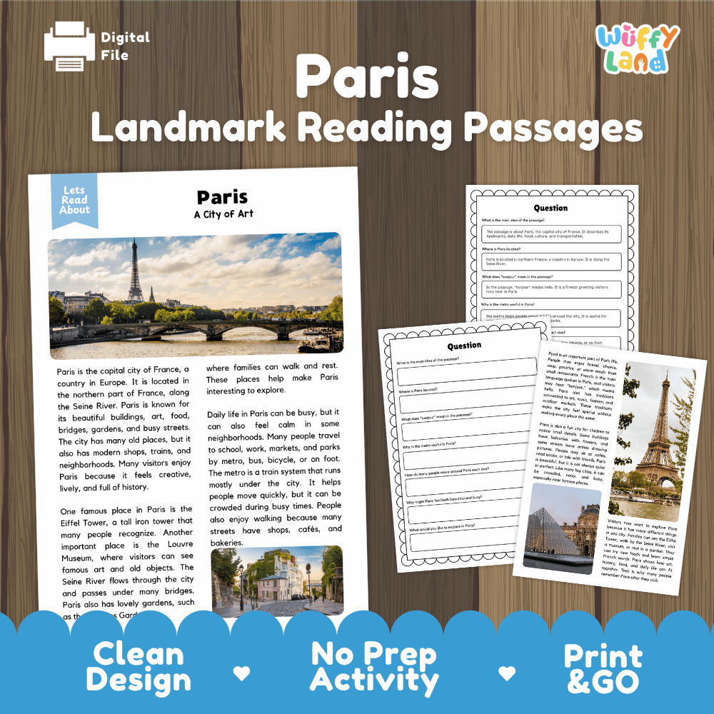 Paris landmark reading passage and comprehension worksheet educational unit featuring nonfiction text and authentic French Eiffel Tower photography