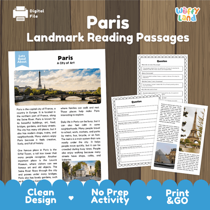 Paris landmark reading passage and comprehension worksheet educational unit featuring nonfiction text and authentic French Eiffel Tower photography