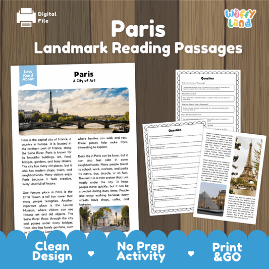Paris landmark reading passage and comprehension worksheet educational unit featuring nonfiction text and authentic French Eiffel Tower photography