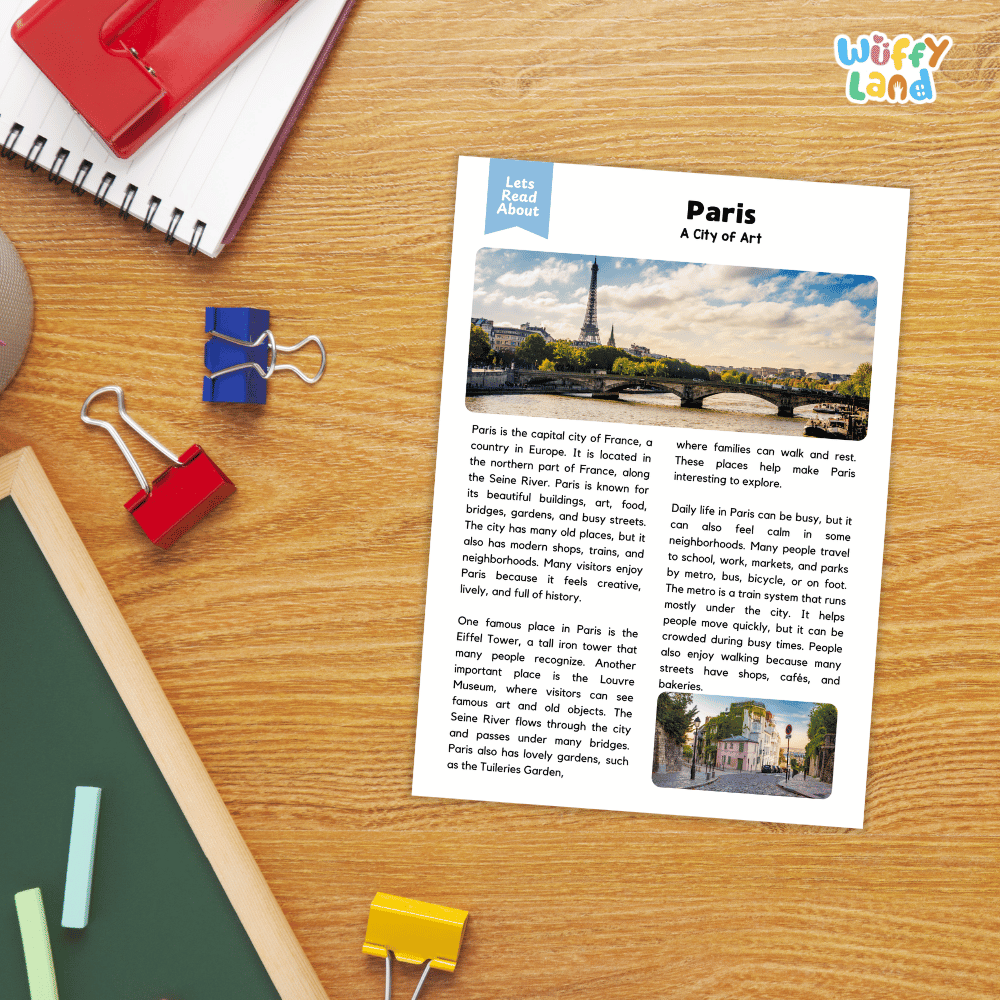 Lined reading comprehension question worksheet covering main ideas vocabulary terms and landmark facts about Paris France