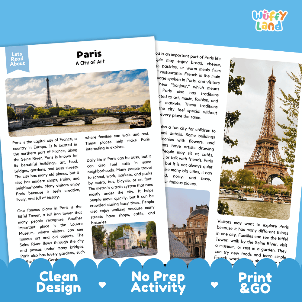 Reference sheet and answer key for Paris landmark reading passage displaying completed comprehension answers and European geography facts