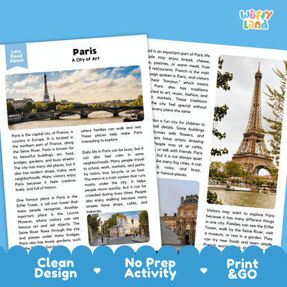 Reference sheet and answer key for Paris landmark reading passage displaying completed comprehension answers and European geography facts