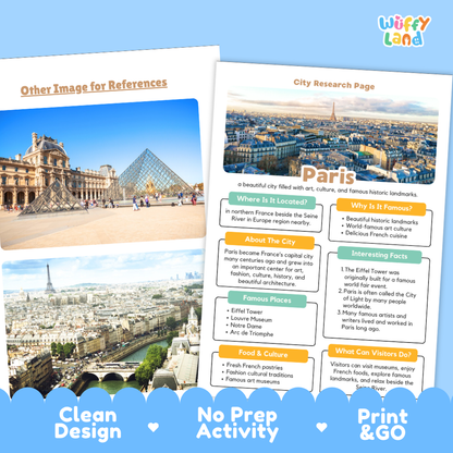 Two printed reference sheets for Paris displayed on a white background with blue decorative banners at the bottom. The left sheet reads 'Other Image for References' and shows the Louvre museum and glass pyramid; the right sheet reads 'City Research Page' and shows a Paris cityscape with text sections about location, history, attractions, food, and travel tips.