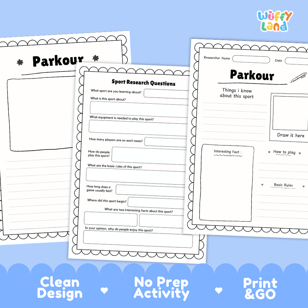 Three printable parkour activity worksheet pages from Wiffly Land are displayed on a light blue background. The pages feature black and white templates with fields for writing questions, notes, and drawing, accompanied by marketing text at the bottom highlighting 'Clean Design', 'No Prep Activity', and 'Print & GO'.