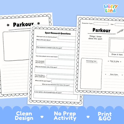 Three printable parkour activity worksheet pages from Wiffly Land are displayed on a light blue background. The pages feature black and white templates with fields for writing questions, notes, and drawing, accompanied by marketing text at the bottom highlighting 'Clean Design', 'No Prep Activity', and 'Print & GO'.