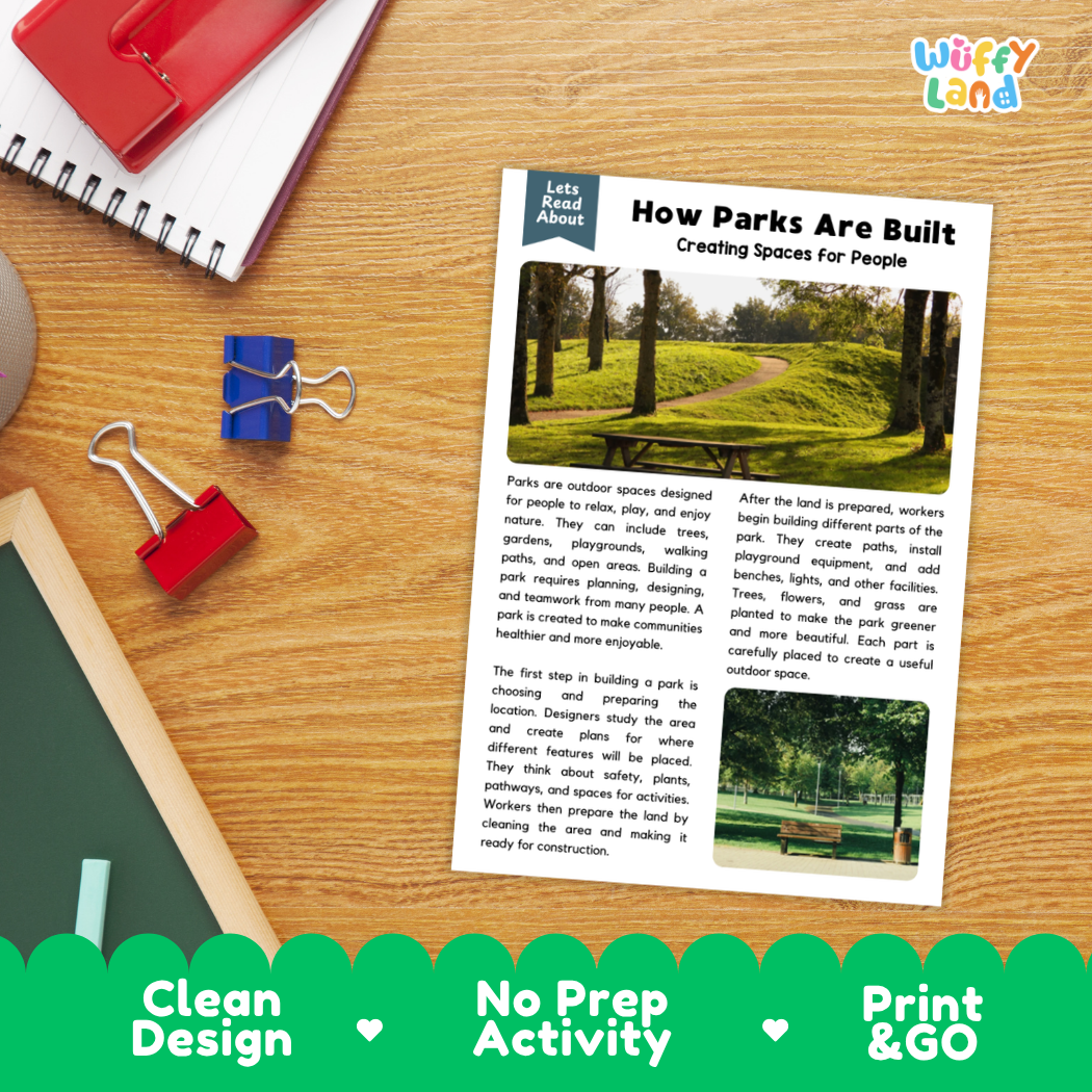 Printable student worksheet with short-answer reading comprehension questions covering parks and community design