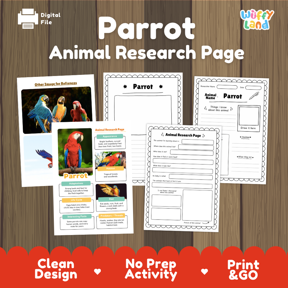 Digital preview of a 'Parrot Animal Research Page' activity sheet set by Wiffy Land, displayed on a wood-grain background with a red banner at the bottom highlighting key features.