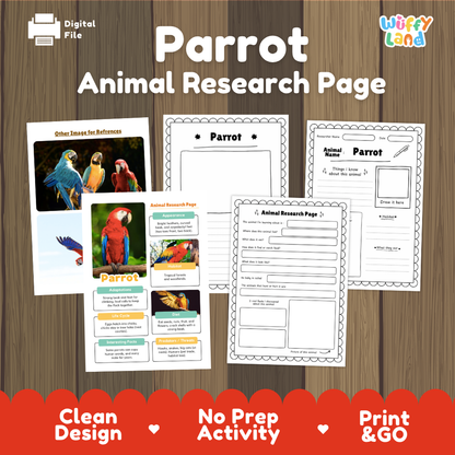 Digital preview of a 'Parrot Animal Research Page' activity sheet set by Wiffy Land, displayed on a wood-grain background with a red banner at the bottom highlighting key features.
