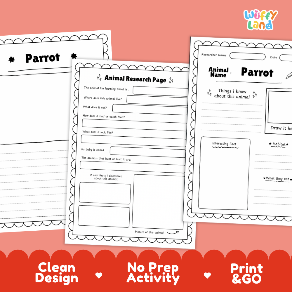 Three printable animal research activity sheets for parrots are displayed on a coral pink background with a red banner at the bottom. The sheets are black and white with writing areas and prompts about parrot facts.