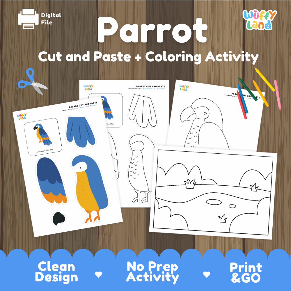 Parrot Cut and Paste Worksheets and Coloring Activity