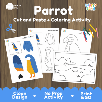 Parrot Cut and Paste Worksheets and Coloring Activity
