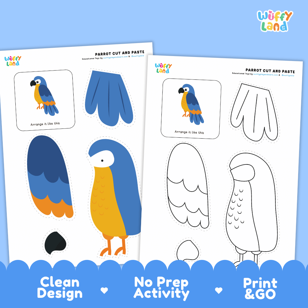 Parrot Cut and Paste Worksheets and Coloring Activity
