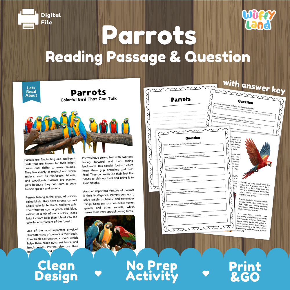 Digital reading activity sheet set titled 'Parrots Reading Passage & Question' by Wiffly Land, showing a printed passage layout, a question page, and an answer key on a wood-textured background with promotional text at the bottom.