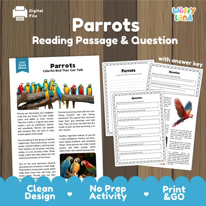 Digital reading activity sheet set titled 'Parrots Reading Passage & Question' by Wiffly Land, showing a printed passage layout, a question page, and an answer key on a wood-textured background with promotional text at the bottom.
