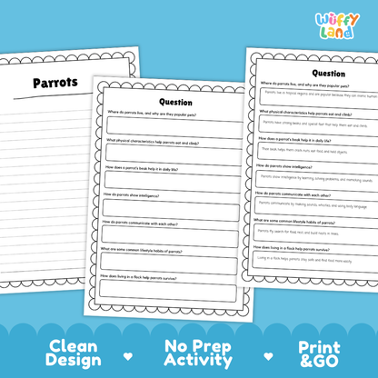Parrots Reading Passage and Comprehension Questions Worksheets