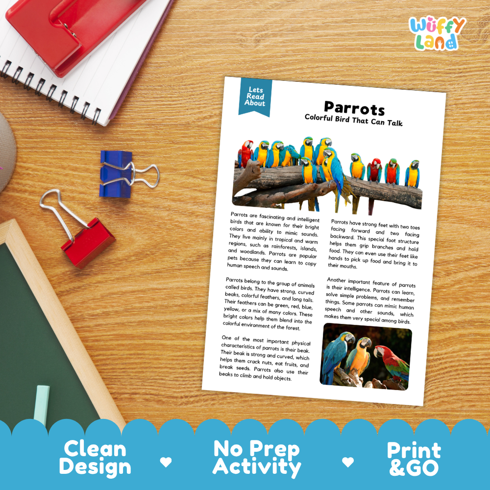 Parrots Reading Passage and Comprehension Questions Worksheets