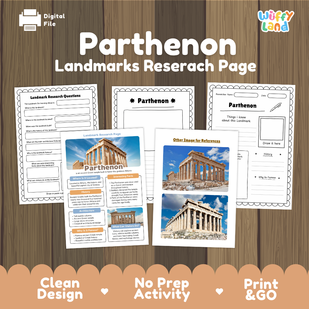 Digital file preview of a Parthenon landmarks research page activity sheet set by Wiffy Land, displayed on a wood-grain background with promotional text at the bottom.