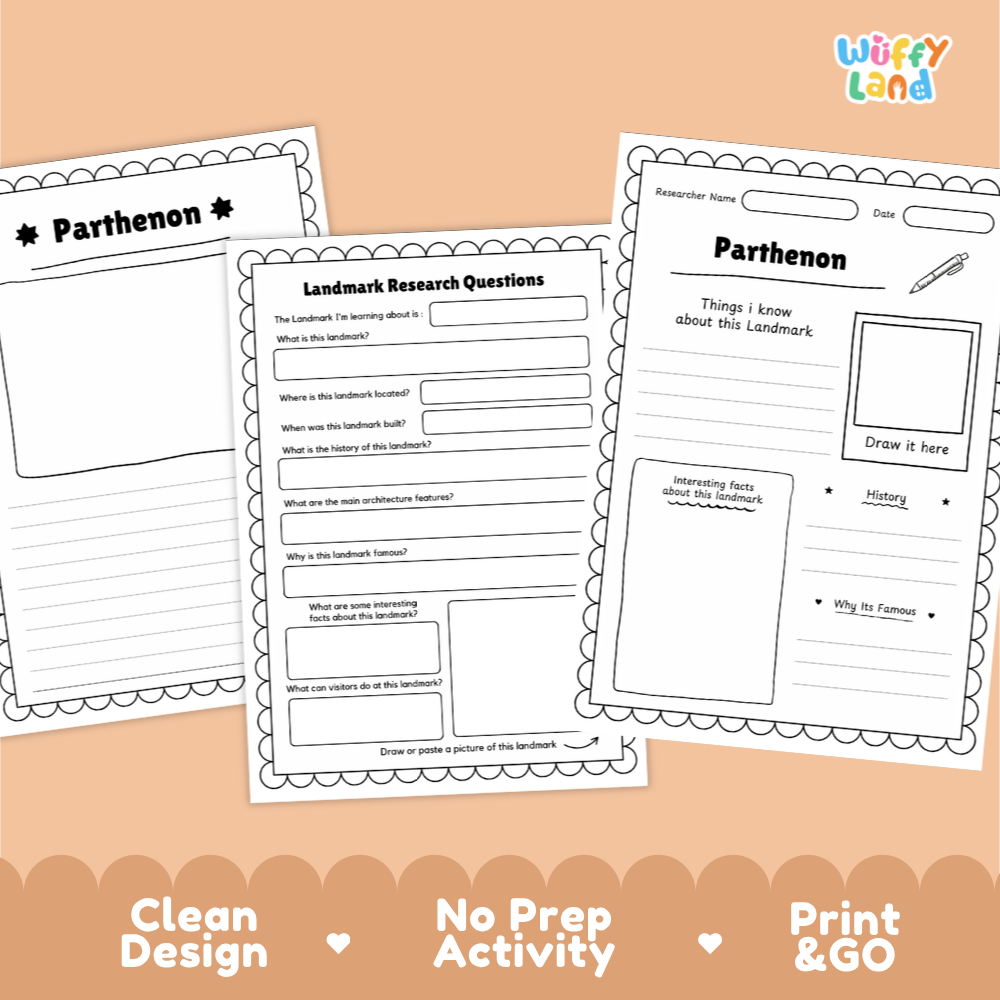 Three printable worksheet pages for Parthenon landmark research displayed on a peach background, with the Wiffy Land logo at top right and marketing text along the bottom.